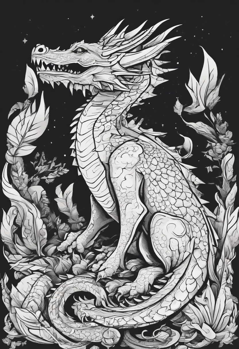 /imagine prompt: cute dragon illustration for a sticker with a black background, in bold outline style, jagged edges, trashcore, light shading --v 5.2