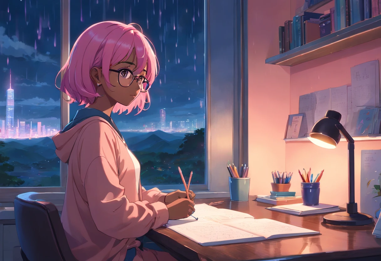 Lia a girl with pink hair, (dark skin), curly hair, studying in her peach pastel room, cozy study desk, glasses, large window overlooking beautiful nature scenery, (staring at the scenery), floral notebooks, (raining), (dark skin), (night time), (dark skin)