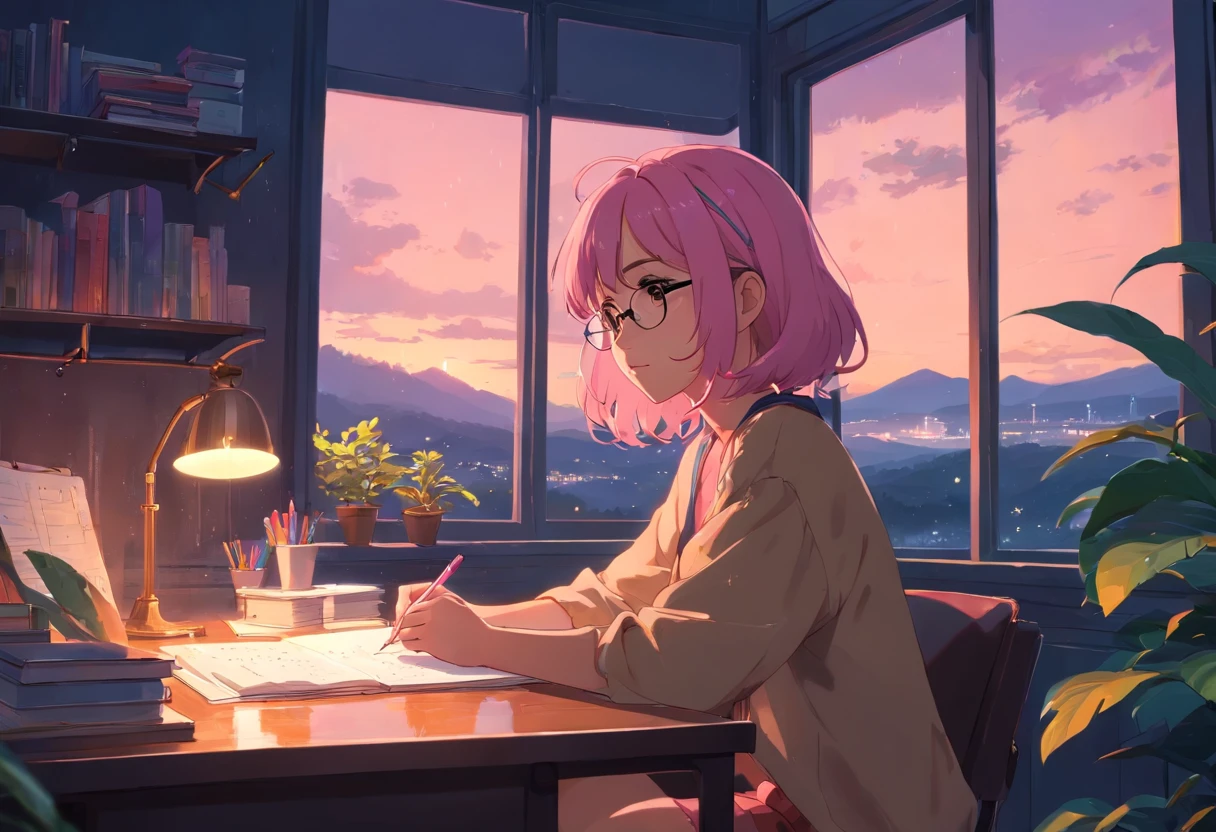 Lia a girl with pink hair, (dark skin), curly hair, studying in her peach pastel room, cozy study desk, glasses, large window overlooking beautiful nature scenery, (staring at the scenery), floral notebooks, (raining), (dark skin), (night time), (dark skin)
