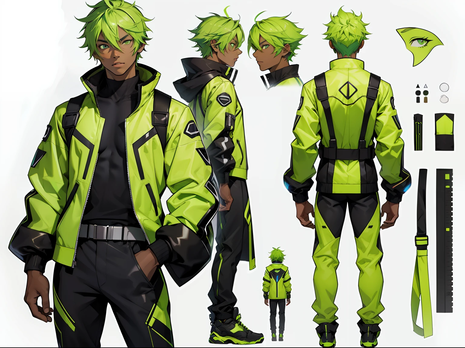 (character design sheet, same character, front, side, back), man, male, blasian, slim build, cute, ethereal, lime-green hair, glowing lime-green eyes, futuristic jacket outfit, beautiful