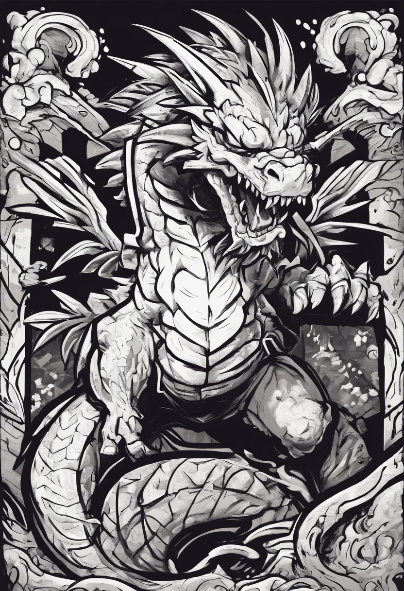 /imagine prompt: cute dragon illustration for a sticker with a black background, in bold outline style, jagged edges, trashcore, light shading --v 5.2