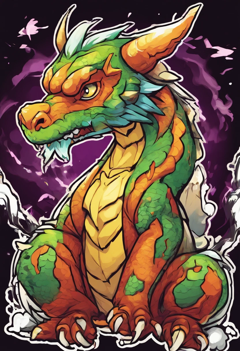 /imagine prompt: cute dragon illustration for a sticker with a black background, in bold outline style, jagged edges, trashcore, light shading --v 5.2