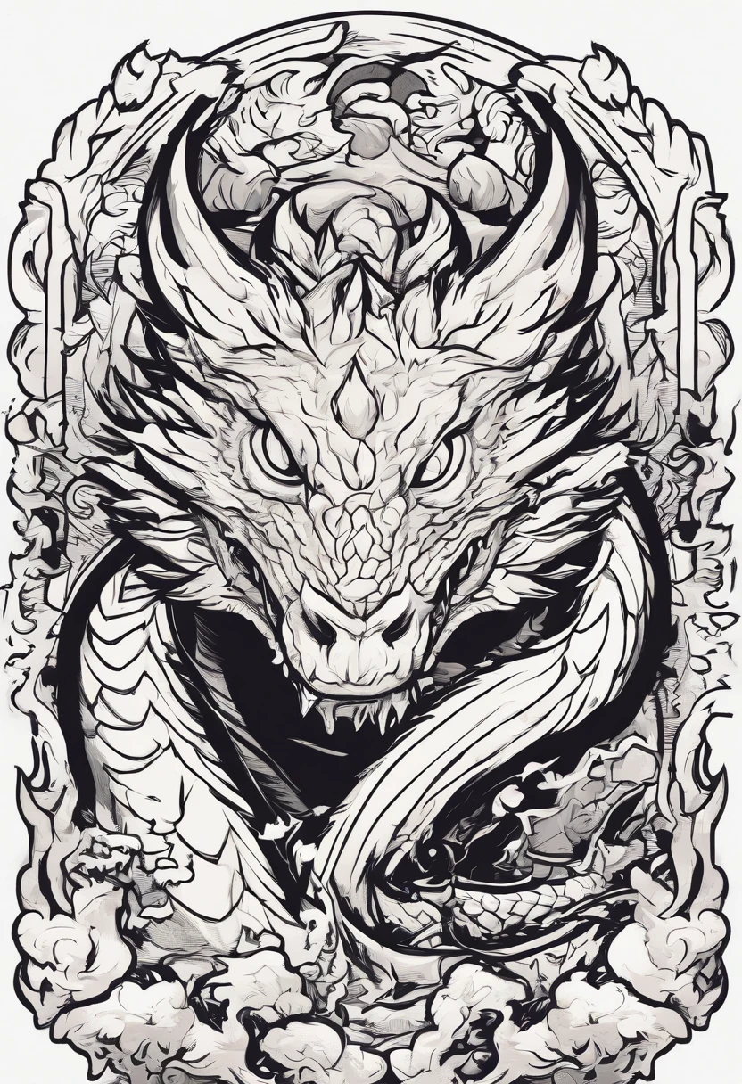 /imagine prompt: cute dragon illustration for a sticker with a black background, in bold outline style, jagged edges, trashcore, light shading --v 5.2