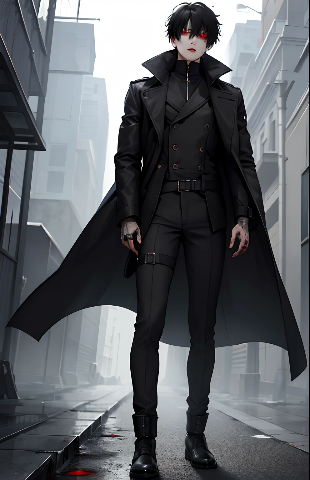 1boy, red eyes, tall, black hair, trench coat, shadows, horror, best quality, scars, blood, tall black boots, full body view, HD, vibrant, dystopian