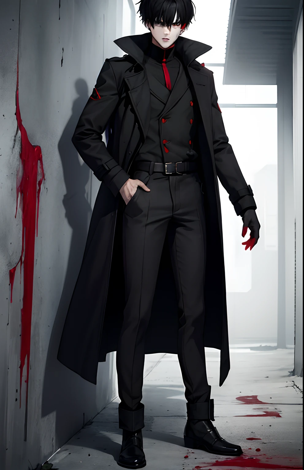 1boy, red eyes, tall, black hair, trench coat, shadows, horror, best quality, scars, blood, tall black boots, full body view, HD, vibrant, dystopian