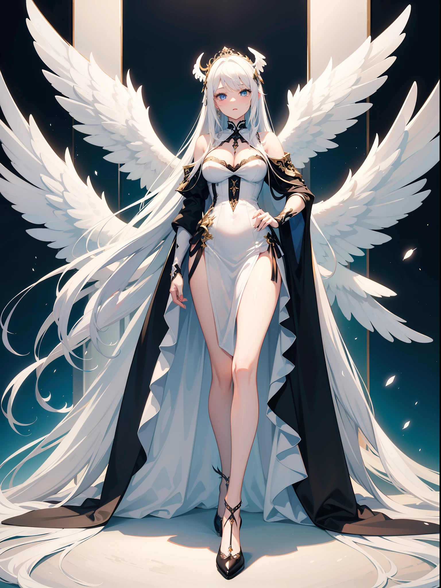 floating in the sky，Hundreds of meters tall，Long white hair that touches the floor，Hundreds of pairs of white wings cover the snow-white body，Spread a pair of wings to cover the sky。White pupils stare at the wanderer，The demeanor is calm，dignified。