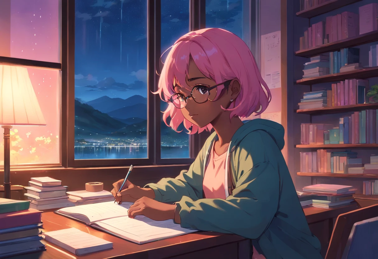Lia a girl with pink hair, (dark skin), curly hair, studying in her peach pastel room, cozy study desk, glasses, large window overlooking beautiful nature scenery, (staring at the scenery), floral notebooks, (raining), (dark skin), (night time), (dark skin)
