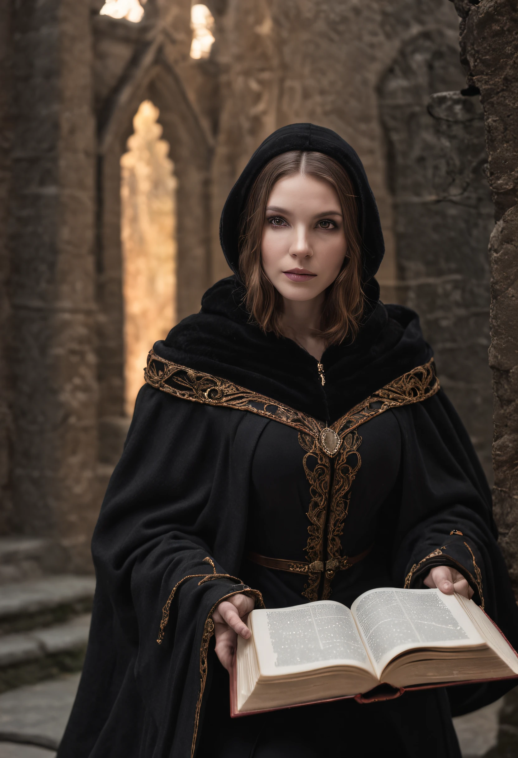 frontal image of a ralist mage with a black cape, reading a book surrounded by magic that floats in front of the mage, in a dark library, with a throne in the background and a light fog on the floor