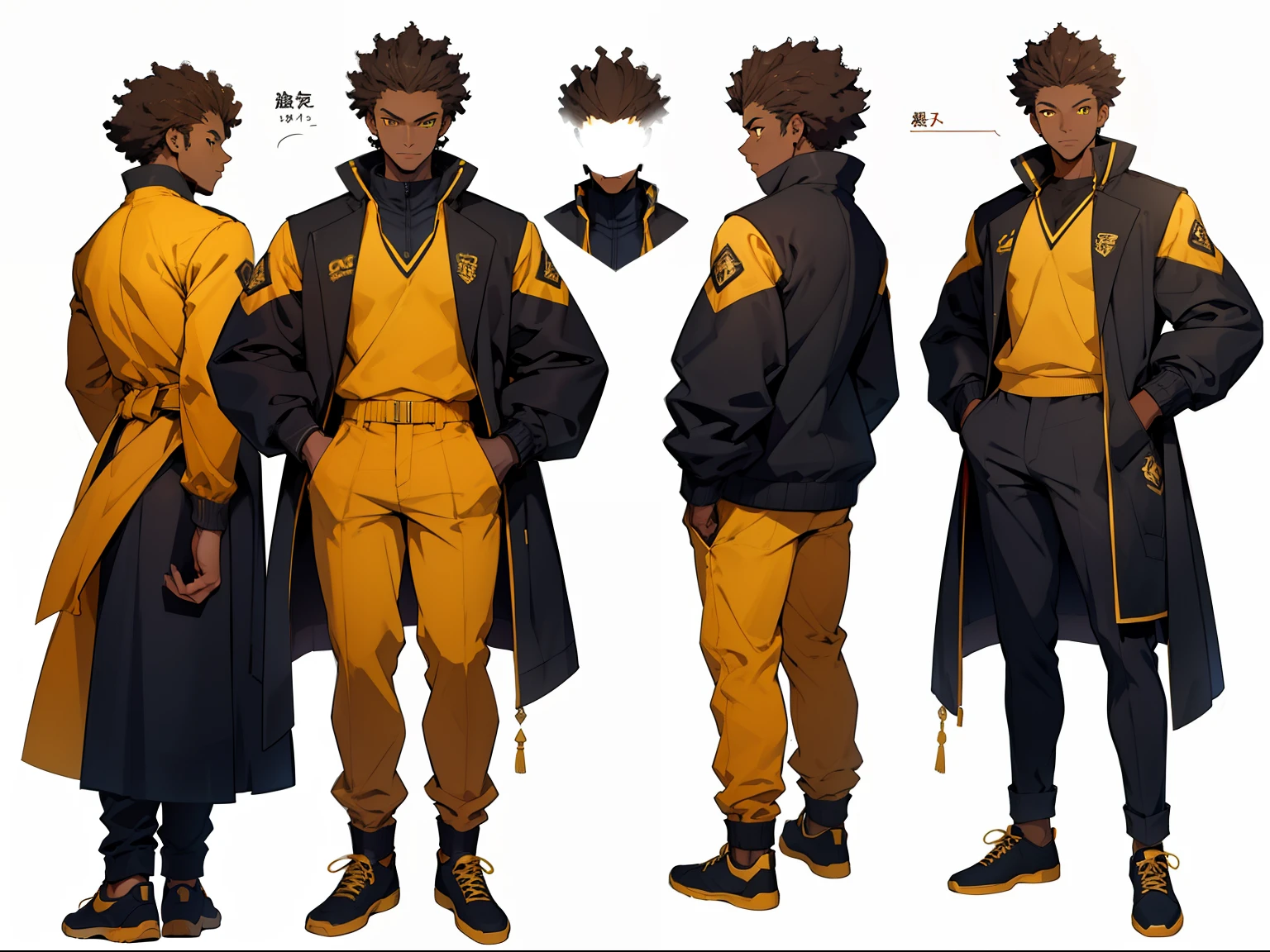 (character design sheet, same character, front, side, back), man, male, dark skin, slim build, cute, hot, ethereal, Large brown Afro hair,  glowing yellow eyes,  preppy outfit, beautiful