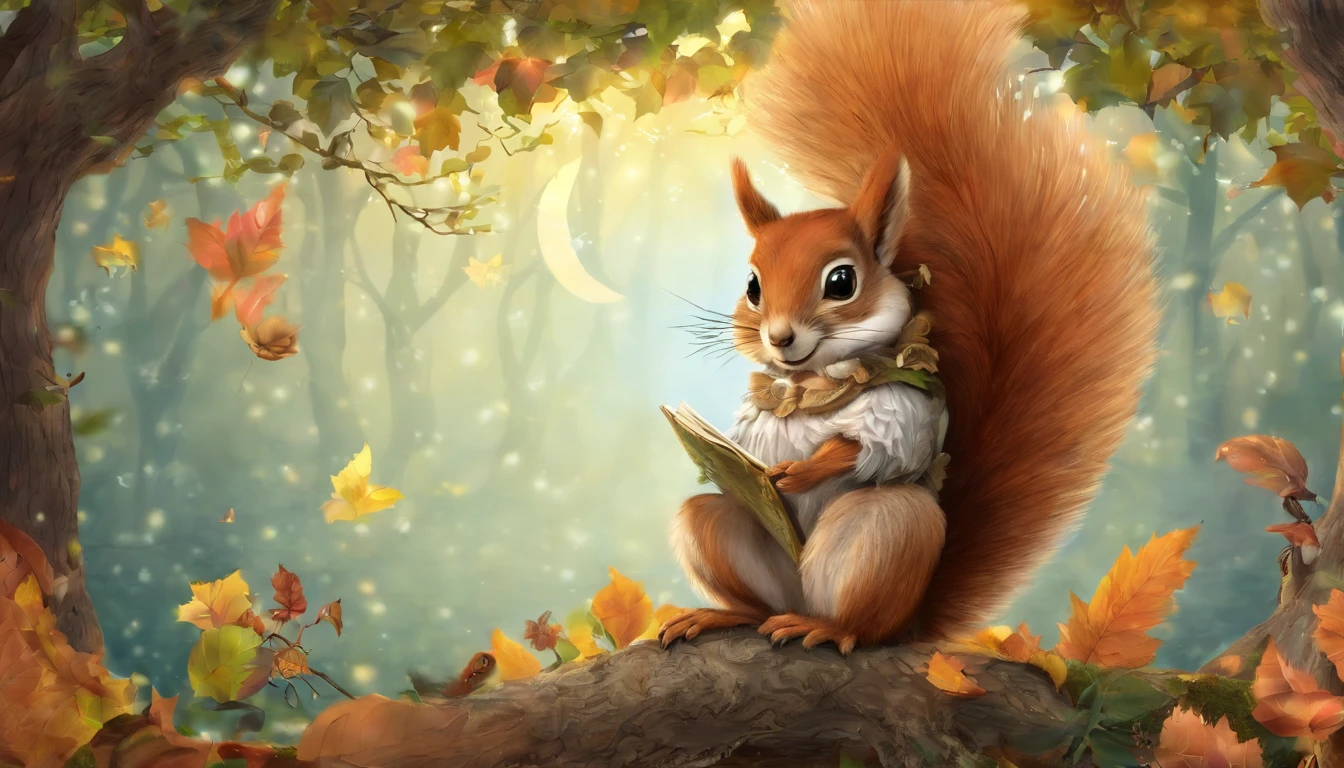 Desenhe uma cena da Floresta Encantada, majestic trees a squirrel holding a sheet of paper and an owl.