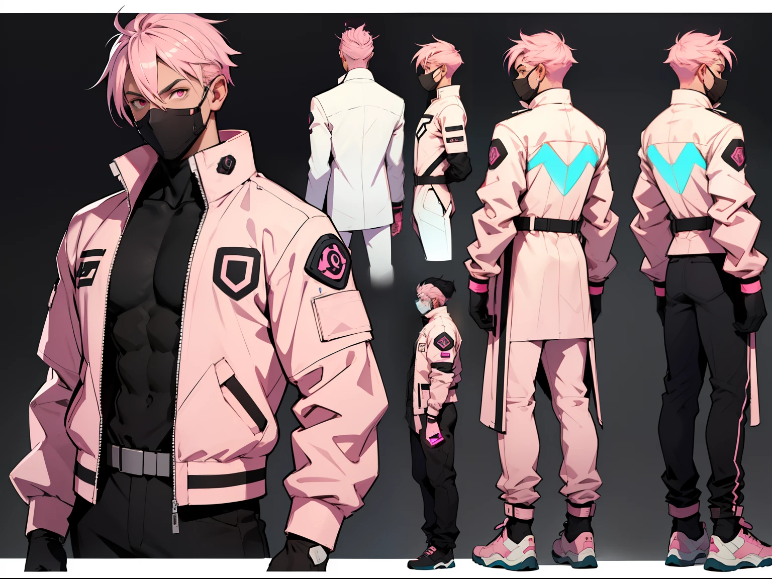 (character design sheet, same character, front, side, back), man, male, latino,  slim build, cute, ethereal, pale pink hair,  glowing pink eyes, futuristic face mask, futuristic  jacket outfit, beautiful