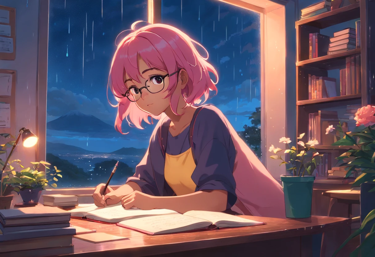 Lia a girl with pink hair, (dark skin), curly hair, studying in her peach pastel room, cozy study desk, glasses, large window overlooking beautiful nature scenery, (staring at the scenery), floral notebooks, (raining), (dark skin), (night time), (dark skin)