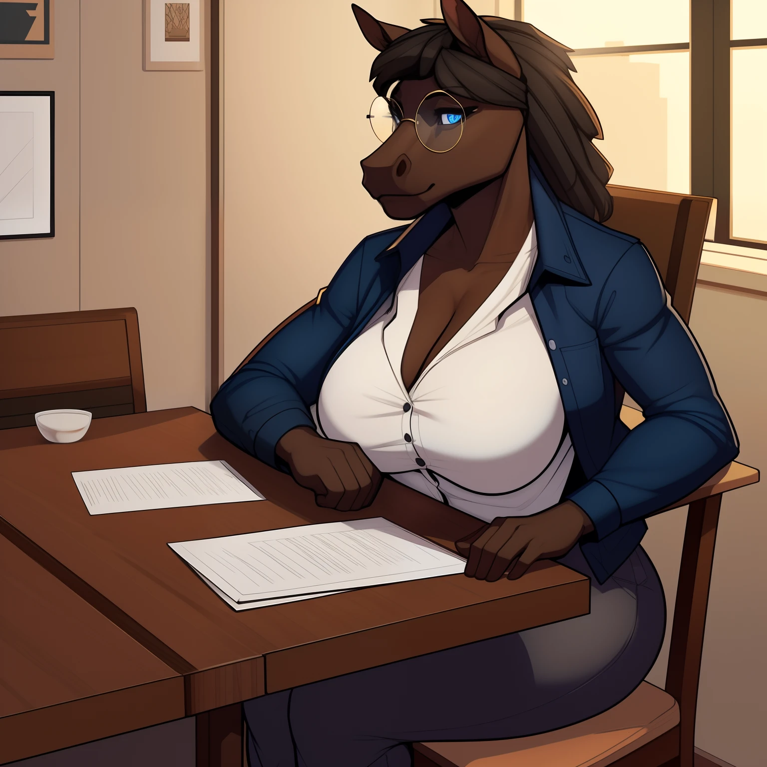 mature_horse female graying_black_mane long_loose_mane dark_brown_furry_body blue_eyes milf thick_thighs large_breasts glasses unbuttoned_work_jacket button_up_shirt pants dinner_table sitting_on_chair leaning_forward facing_forwards solo Masterpiece best_quality absurdres highly_detailed cleanly_drawn_eyes anthro_only by_claweddrip, by_greasymojo, by_underscore-b, by_runawaystride