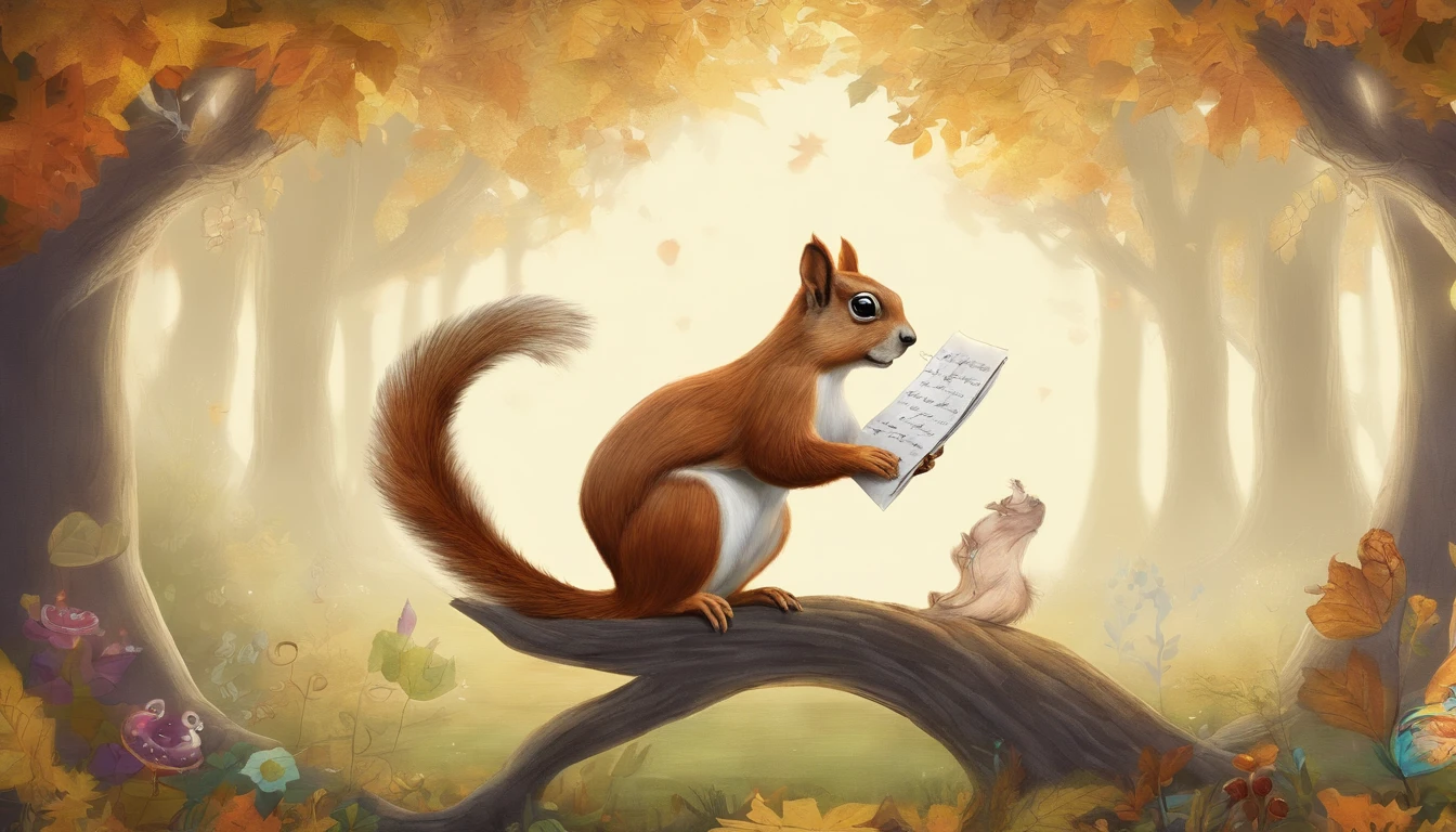 Desenhe uma cena da Floresta Encantada, majestic trees a squirrel holding a sheet of paper and an owl.