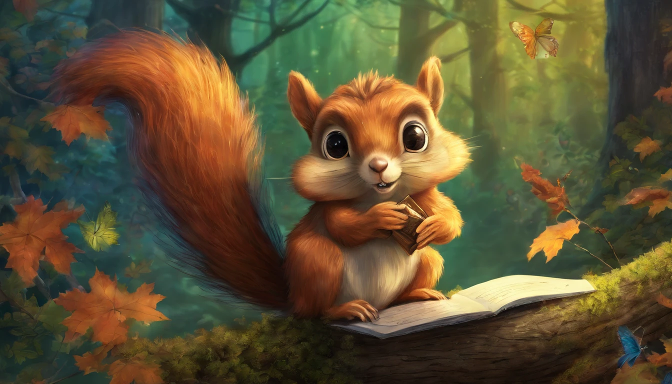 Desenhe uma cena da Floresta Encantada, majestic trees a squirrel holding a sheet of paper and an owl.