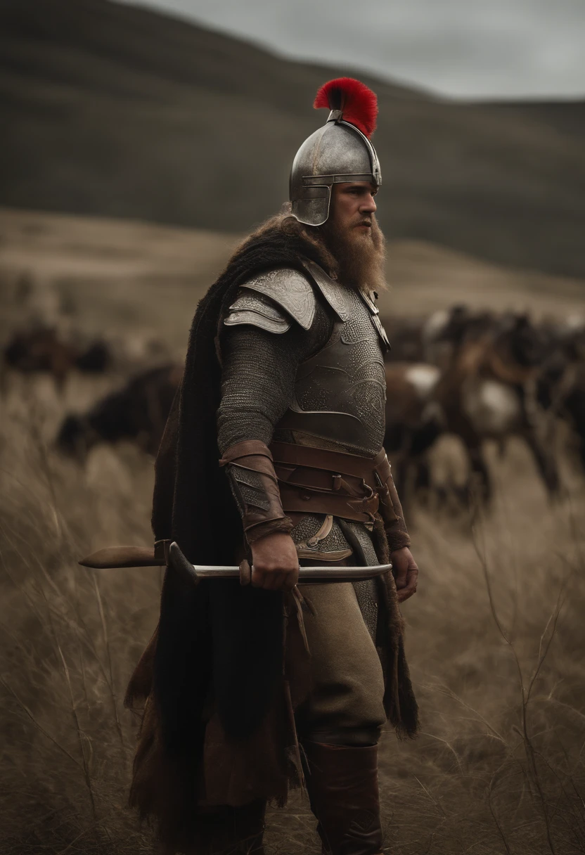 imagem ultra-realista de Ragnar Lothbrok (((gritando))), The legendary Norse warrior, in all its glory. He's standing on a battlefield, vestindo uma armadura detalhada e intrincada, made of darkened metal with engraved Nordic runes. A armadura brilha sob a luz do sol, mostrando sinais de batalhas anteriores, with small scratches and marks. .
