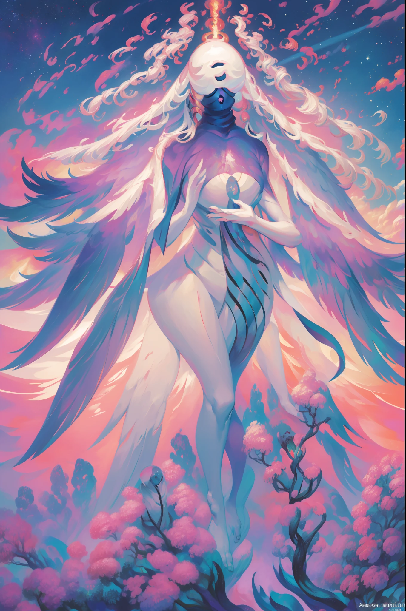 A mystical alien, giant form, shapeshifter, necromancer, android, body in pieces, magic halo, 4 arms:1.74, white background, High Details:1, ((No face:1.4)), big breast, 1girl