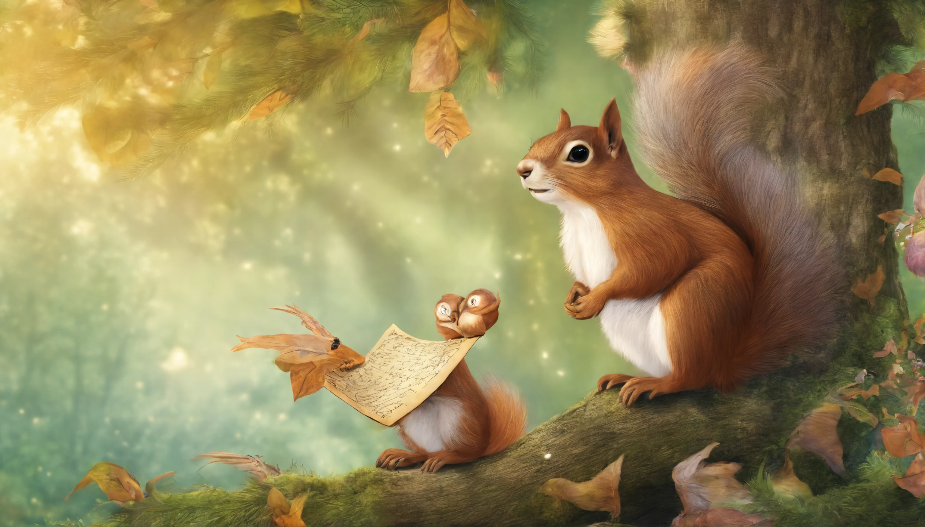 Desenhe uma cena da Floresta Encantada, majestic trees a squirrel holding a sheet of paper and an owl.
