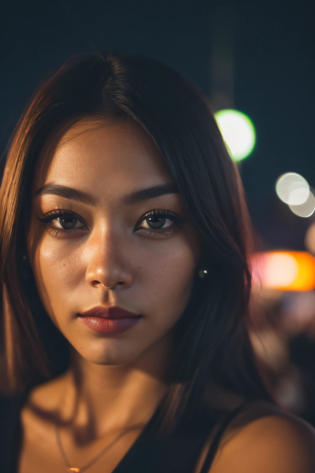 (selfie shot, from above: 1.4), (half-body portrait: 1.4), 24-year-old black hair (blue-eyed woman) walking in a bar RAW uhd portrait photo, natural breast_b, city background at night, (yellow sundress), (crack), detailed (texture!, hair!, shine, color!!, flaws: 1.1), highly detailed glowing eyes, (looking at camera), specular light, dslr, extreme quality, sharp focus, sharp, dof, Film grain, (centered), Fujifilm XT3, crystal clear, center of frame, cute face, sharp focus, street lamp, neon lights, bokeh, (dark light), low key, night, (night sky ) detailed skin pores, oil Dark skin, brown, complex eye details