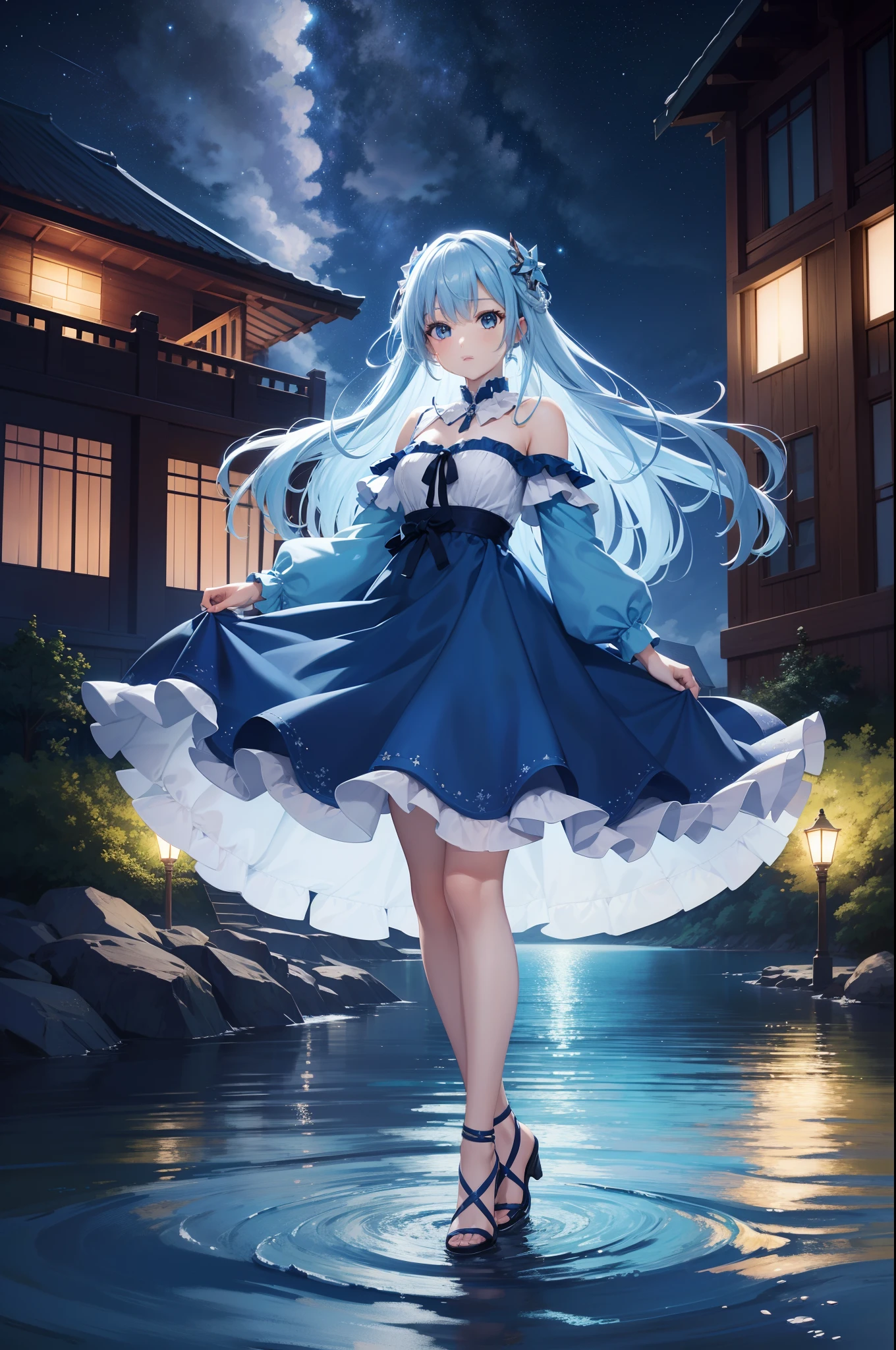 Pretty girl、4K、 masutepiece , sky blue hair , Amazing dress in blue, Light blue eyes , Night , Starry sky, Lake water, Full body portrait , Face Highlights, Auto Adjust, Optimize image quality