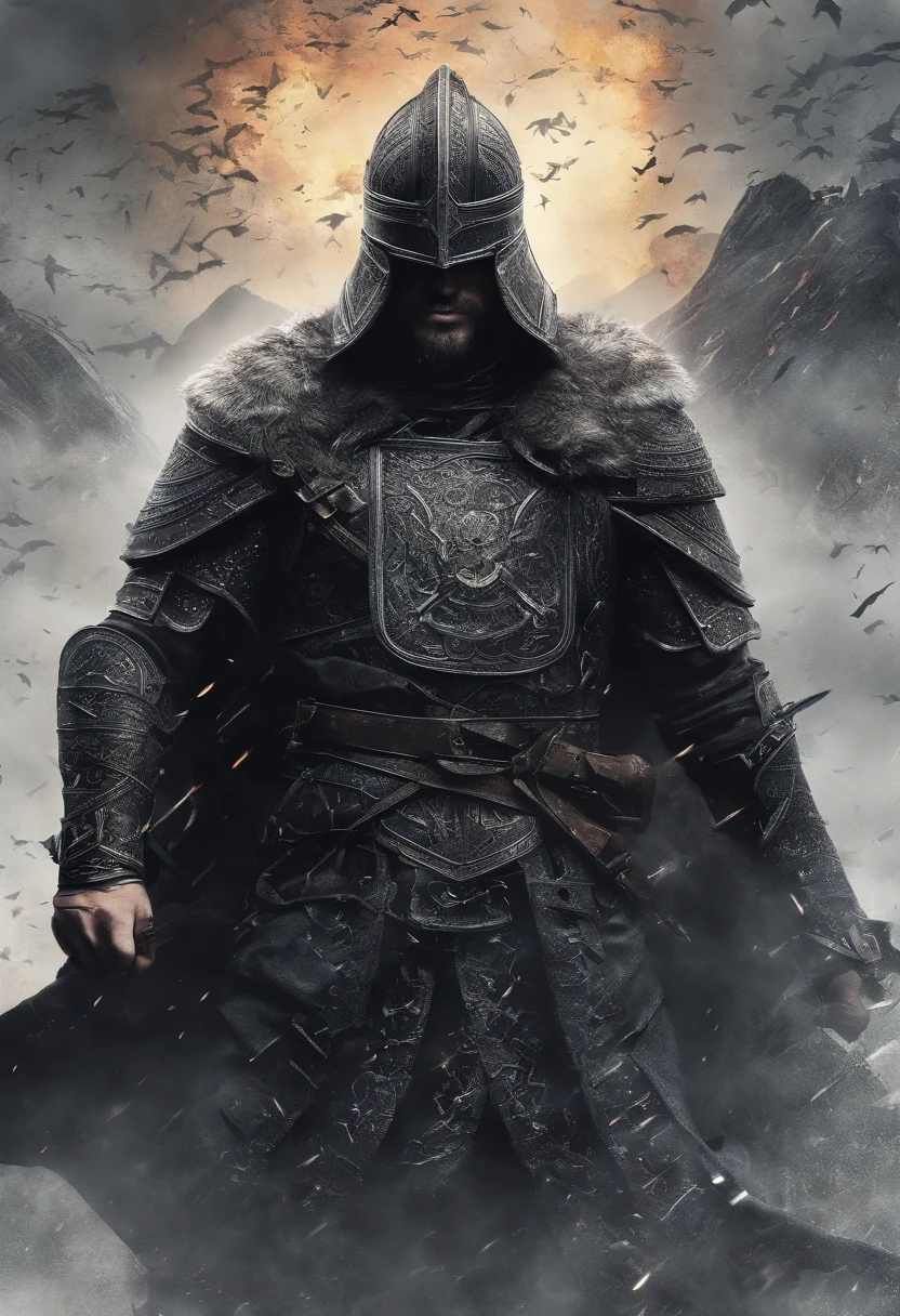 imagem ultra-realista de Ragnar Lothbrok (((gritando))), The legendary Norse warrior, in all its glory. He's standing on a battlefield, vestindo uma armadura detalhada e intrincada, made of darkened metal with engraved Nordic runes. A armadura brilha sob a luz do sol, mostrando sinais de batalhas anteriores, with small scratches and marks. .