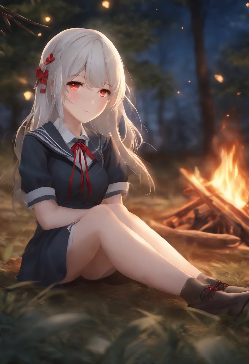 anime girl next to a campfire, a hyperrealistic schoolgirl, realistic schoolgirl, anime girl has white hair and red eyes, beautiful anime girl, [ 4 k digital art ], kantai collection style, female protagonist 👀 :8, school girl, guweiz, kawacy, smooth anime cg art, night sky, sitting on the ground, the girl should be put a little bit far in the picture