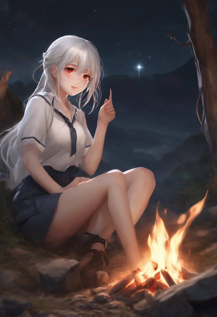 anime girl next to a campfire, a hyperrealistic schoolgirl, realistic schoolgirl, anime girl has white hair and red eyes, beautiful anime girl, [ 4 k digital art ], kantai collection style, female protagonist 👀 :8, school girl, guweiz, kawacy, smooth anime cg art, night sky, sitting on the ground, the girl should be put a little bit far in the picture