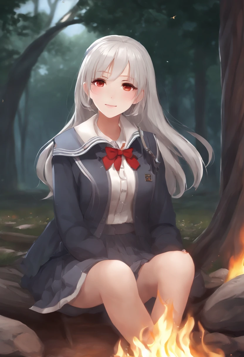 anime girl next to a campfire, a hyperrealistic schoolgirl, realistic schoolgirl, anime girl has white hair and red eyes, beautiful anime girl, [ 4 k digital art ], kantai collection style, female protagonist 👀 :8, school girl, guweiz, kawacy, smooth anime cg art, night sky, sitting on the ground, the girl should be put a little bit far in the picture