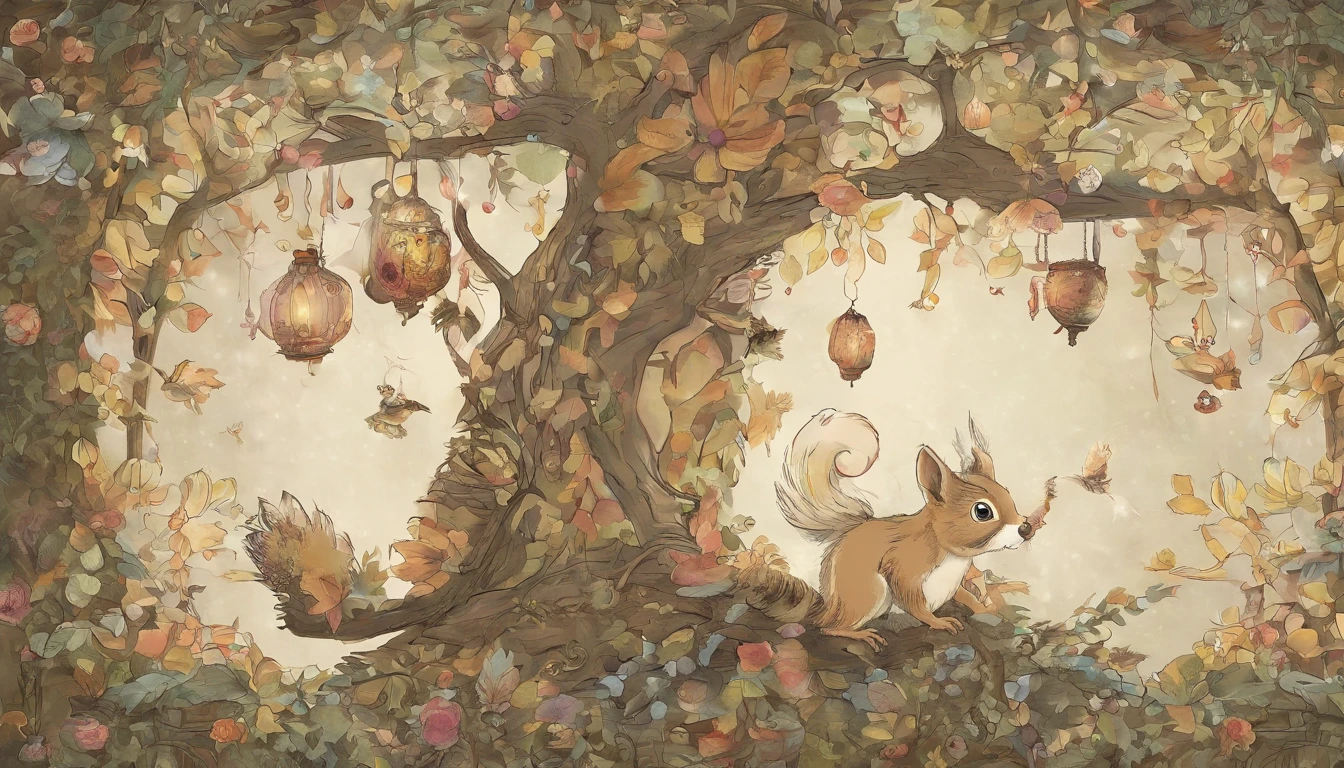 Desenhe uma cena da Floresta Encantada, majestic trees a squirrel holding a sheet of paper and an owl.