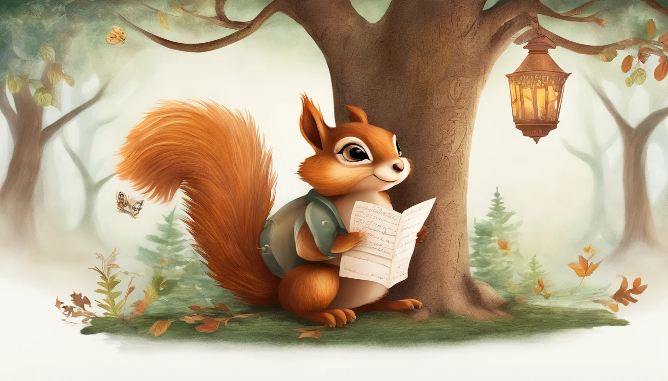 Desenhe uma cena da Floresta Encantada, majestic trees a squirrel holding a sheet of paper and an owl.