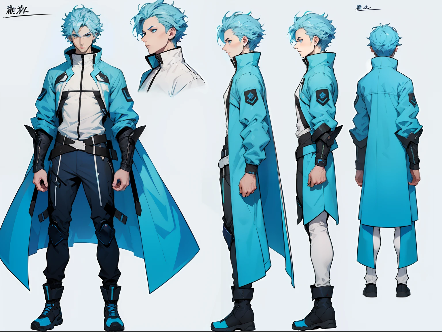(character design sheet, same character, front, side, back), man, male, pale, slim build, cute, ethereal, curly pale blue hair,  glowing blue eyes, futuristic Cloud jacket outfit, beautiful