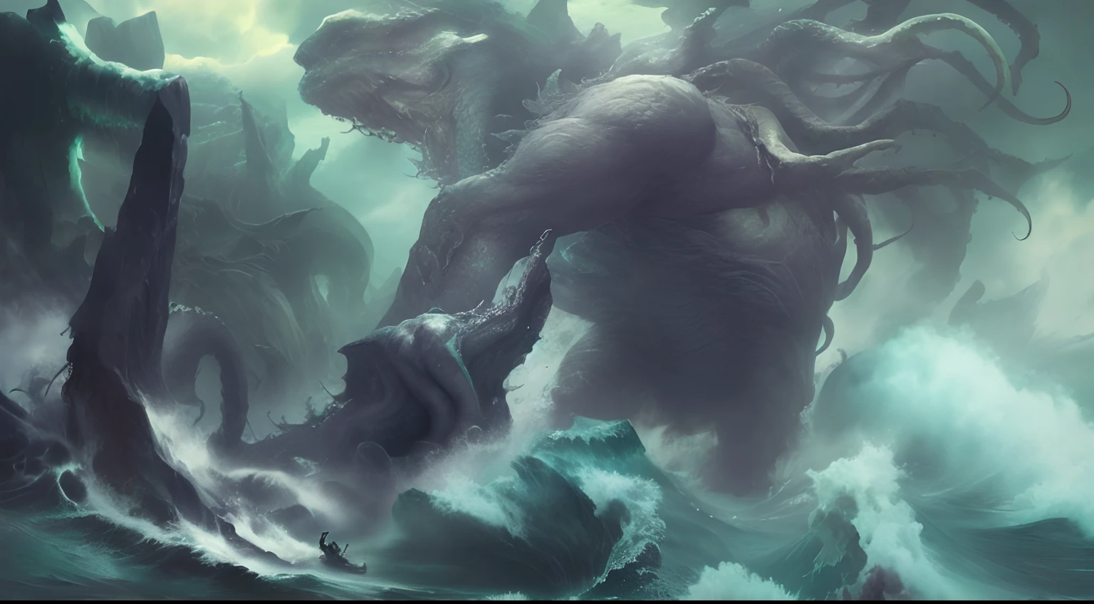 a close up of a giant monster with a huge head in the ocean, scylla and charybdis, cthulhu rising from the ocean, gigantic cthulhu, photo of cthulhu, lovecraftian landscape, lovecraftian background, giant cthulhu, lovecraftian sea creature, lovecraftian monster, dramatic concept art, gigantic creature, huge creature