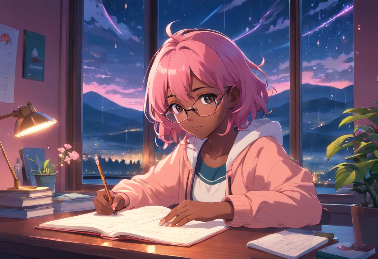 Lia a girl with pink hair, (dark skin), curly hair, studying in her peach pastel room, cozy study desk, glasses, large window overlooking beautiful nature scenery, (staring at the scenery), floral notebooks, (raining), (dark skin), (night time), (dark skin)