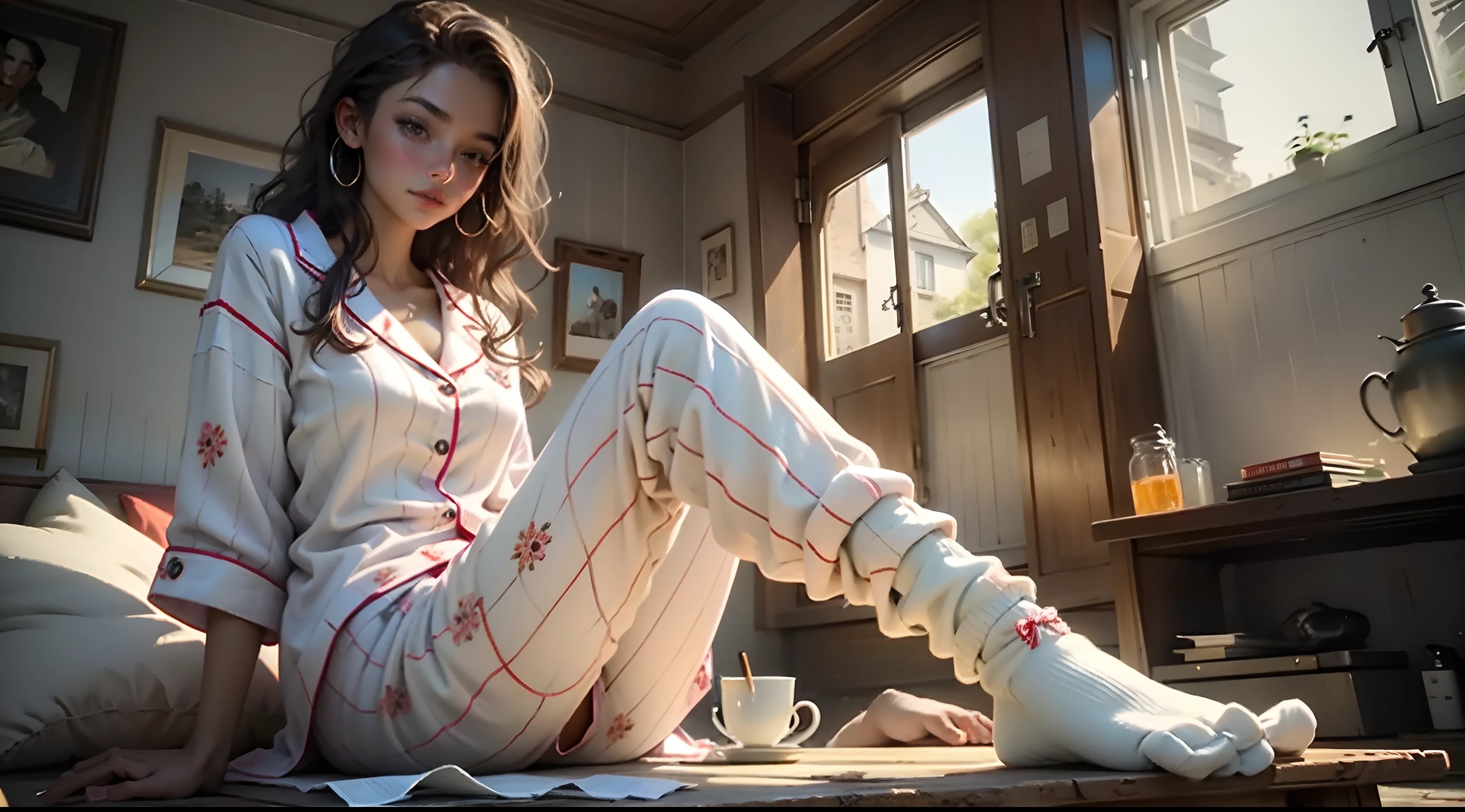 Beautiful woman sitting wearing socks, pajamas look sleepy realistic masterpiece