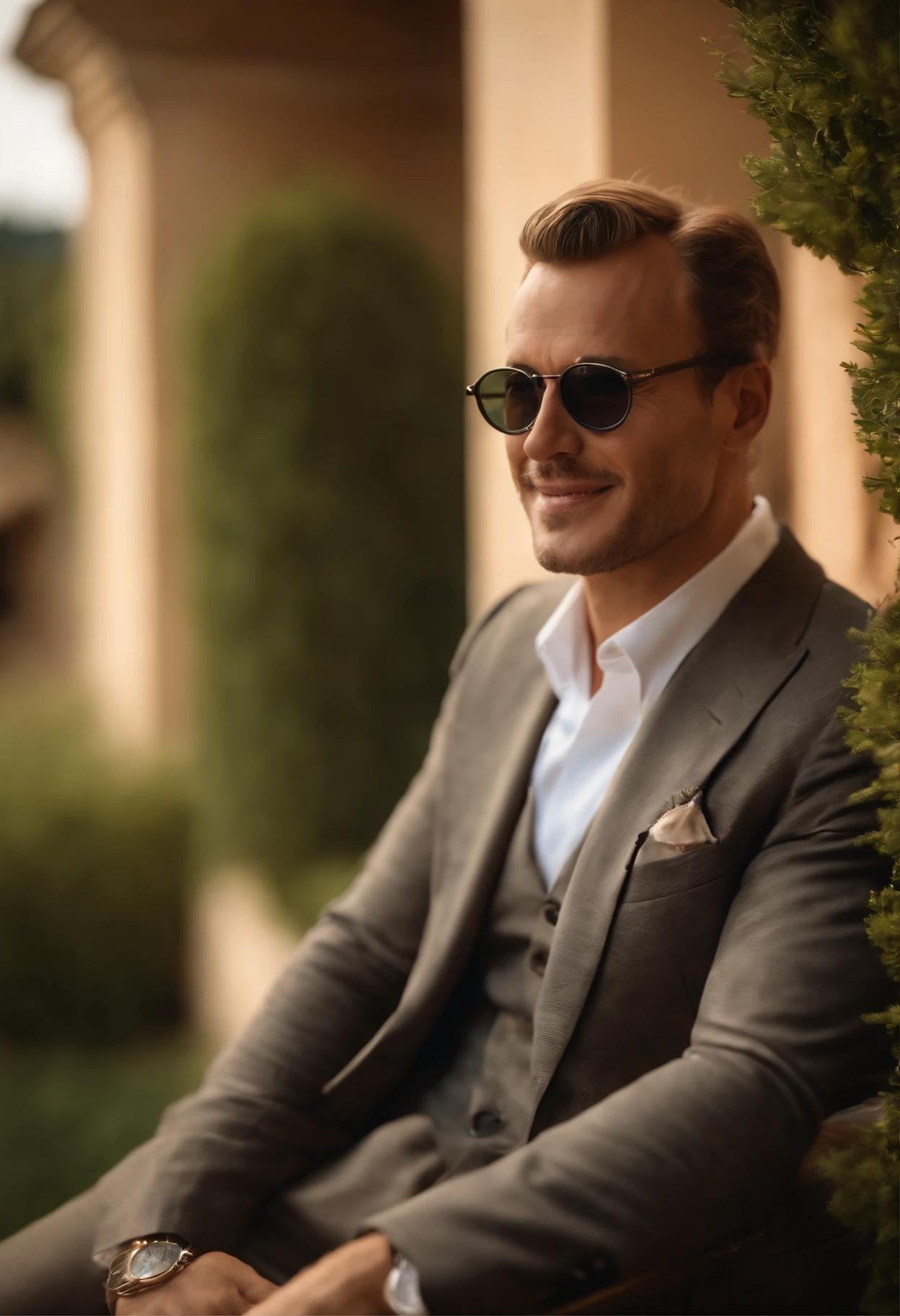 a rich man with short Hair and a beautiful background in Italy, Pony, (best quality, hight resolution, Meisterwerk:1.2), Detaillierte und realistische Darstellung, Lebendige Farben, Mediterrane Beleuchtung, Oil painting, charmante italienische Villa, malerische Landschaft der Toskana, Lush green vineyards, Azurblaues Meer, Elegant suits, Stylische Sonnenbrille, Luxurious mansion, Schwimmbad, Jacht, Italienischer Sportwagen, Entspannte und selbstbewusste Haltung, confident smile, Summer atmosphere.
