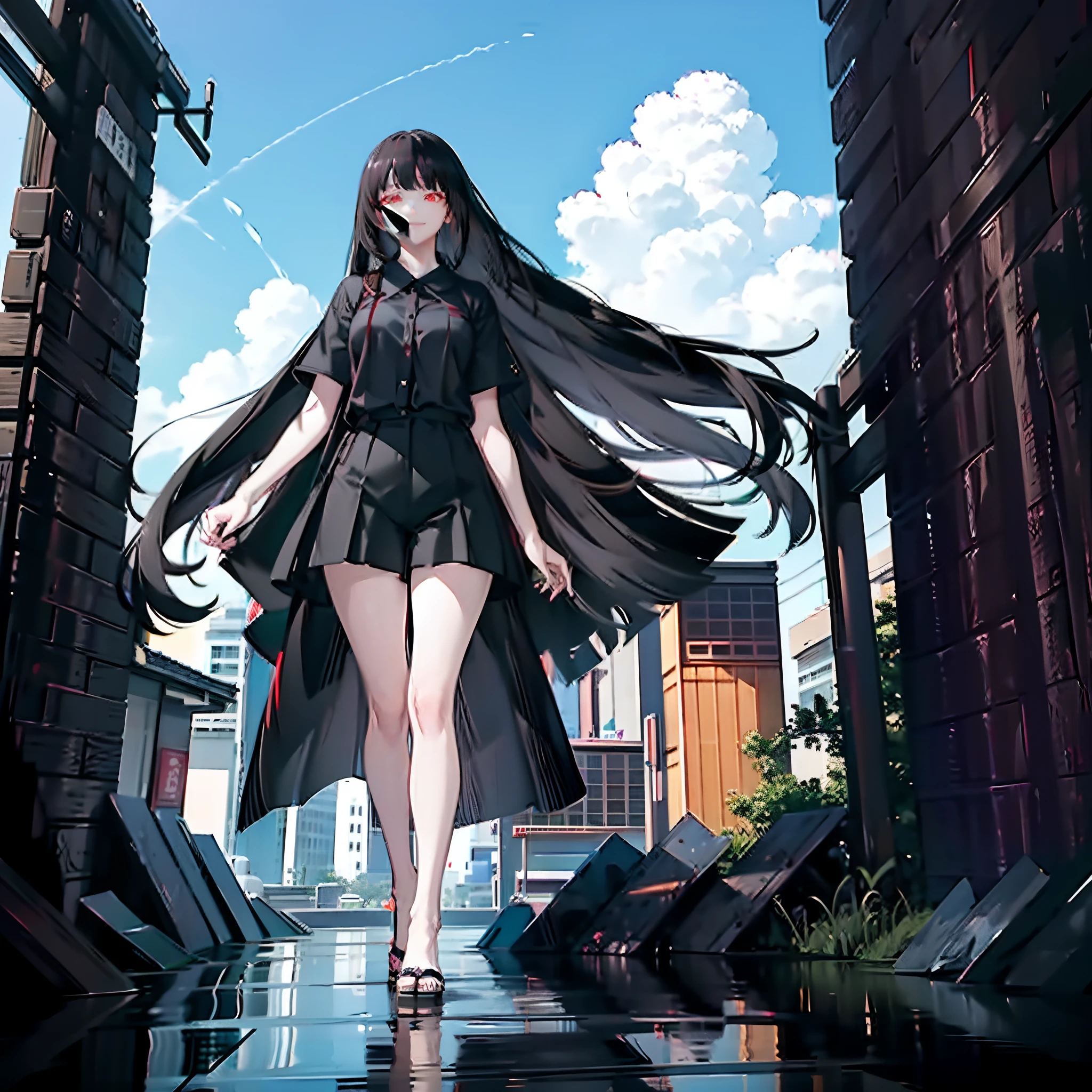 1girl, long black hair, bangs, red eyes, wearing plain black short sleeve shirt, wearing flip flops, smiling, shorts, tokyo, high res, ultrasharp, 8K, masterpiece, looking at viewer