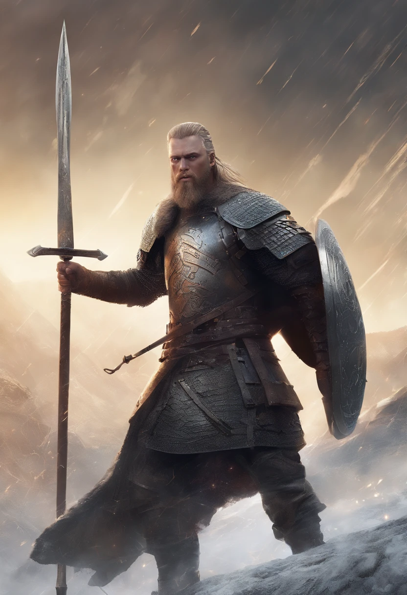 imagem ultra-realista de Ragnar Lothbrok (((gritando))), The legendary Norse warrior, in all its glory. He's standing on a battlefield, vestindo uma armadura detalhada e intrincada, made of darkened metal with engraved Nordic runes. A armadura brilha sob a luz do sol, mostrando sinais de batalhas anteriores, with small scratches and marks. .