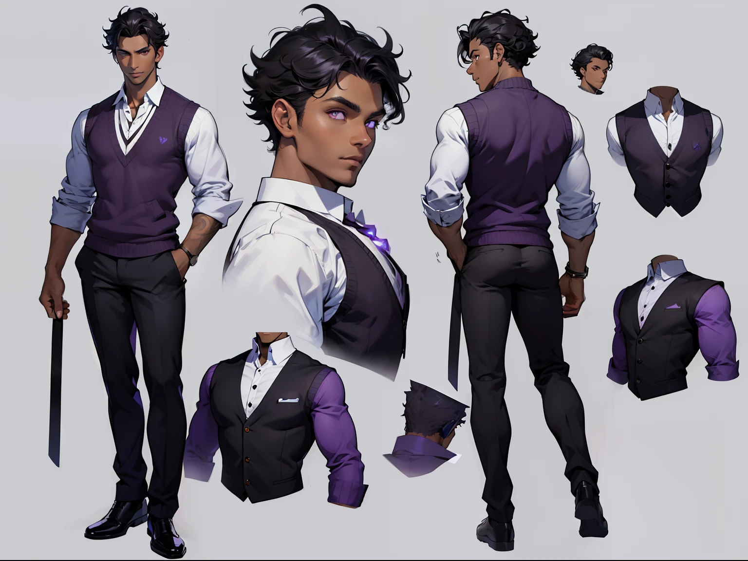 (character design sheet, same character, front, side, back), man, male, dark skin, slim build, cute, ethereal, curly black hair, glowing purple eyes, sweater vest preppy outfit, beautiful
