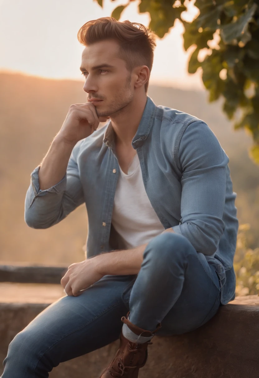 A full body view of a sitting slick back Chestnut hair male man with jeans  profile side view as seen from below, looking at the Sunrise, sunkissed, cinematic view, contemplating loss
