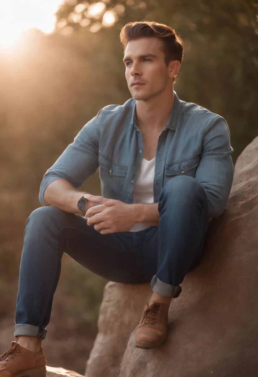 A full body view of a sitting slick back Chestnut hair male man with jeans profile side view as seen from below, looking at the Sunrise, sunkissed, cinematic view, contemplating loss
