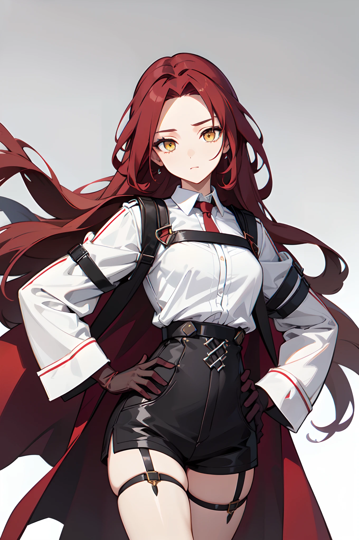 1girl, young woman, solo, scarlet red hair, long hair, big hair, (forehead), yellow eyes, medium breasts, neutral, (overcoat, black coat, open coat:1.2), white shirt, collared shirt, (chest harness, shoulder strap:1.15), black shorts, garter belt, thighighs, gloves, elegant, looking away, simple background, transparent background, standing, focus hands on hips, close-up, face only, masterpiece, best quality, 4k
