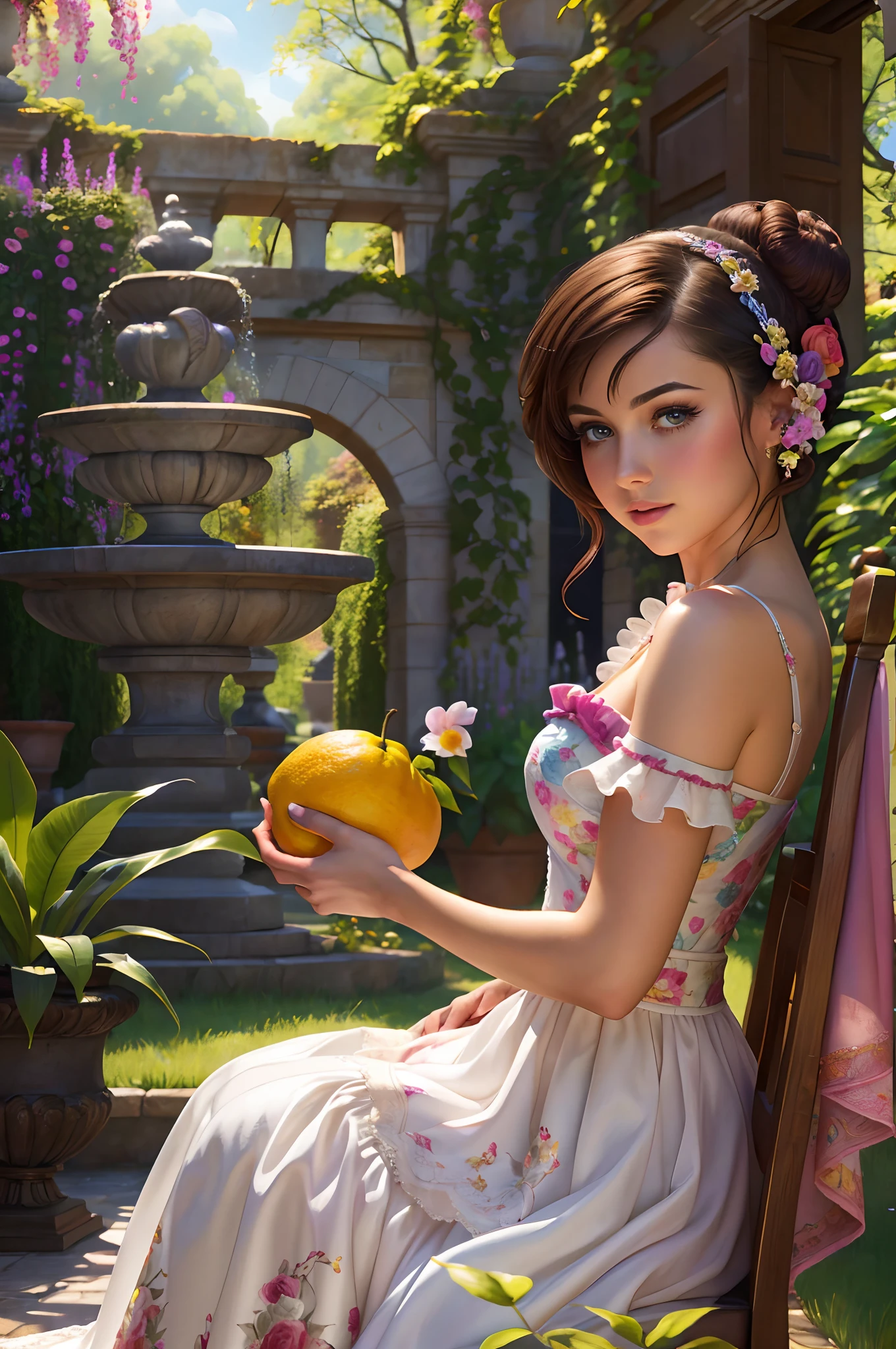 ((beste-Qualit)), ((tmasterpiece)), ((Realistic)), isabelmoner-smf, dora, Age of Enlightenment, rococo, hairstyle bun, Colorful, In the citrus garden, , Feminine Pose, (Impasto painting), chintz, Strokes, (Perfect), Complicated details, Extremely detailed, Raw, HDR, ((in the style of Daniel-Merriam)), 8K