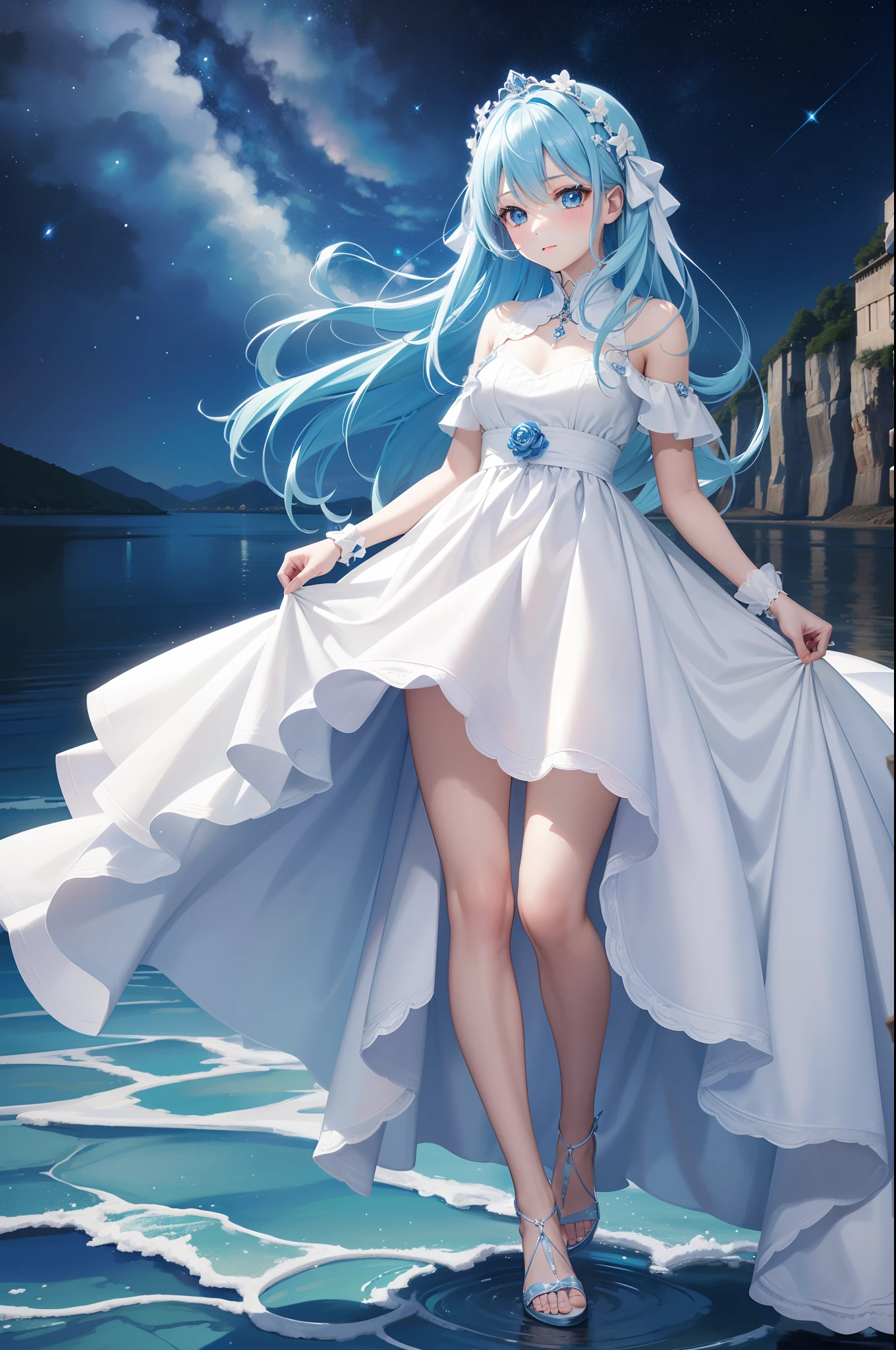 Pretty girl、4K、 masutepiece , sky blue hair , Amazing dresses in white and blue, Light blue eyes , Night , Starry sky, Lake water, Full body portrait , Face Highlights, Auto Adjust, Optimize image quality