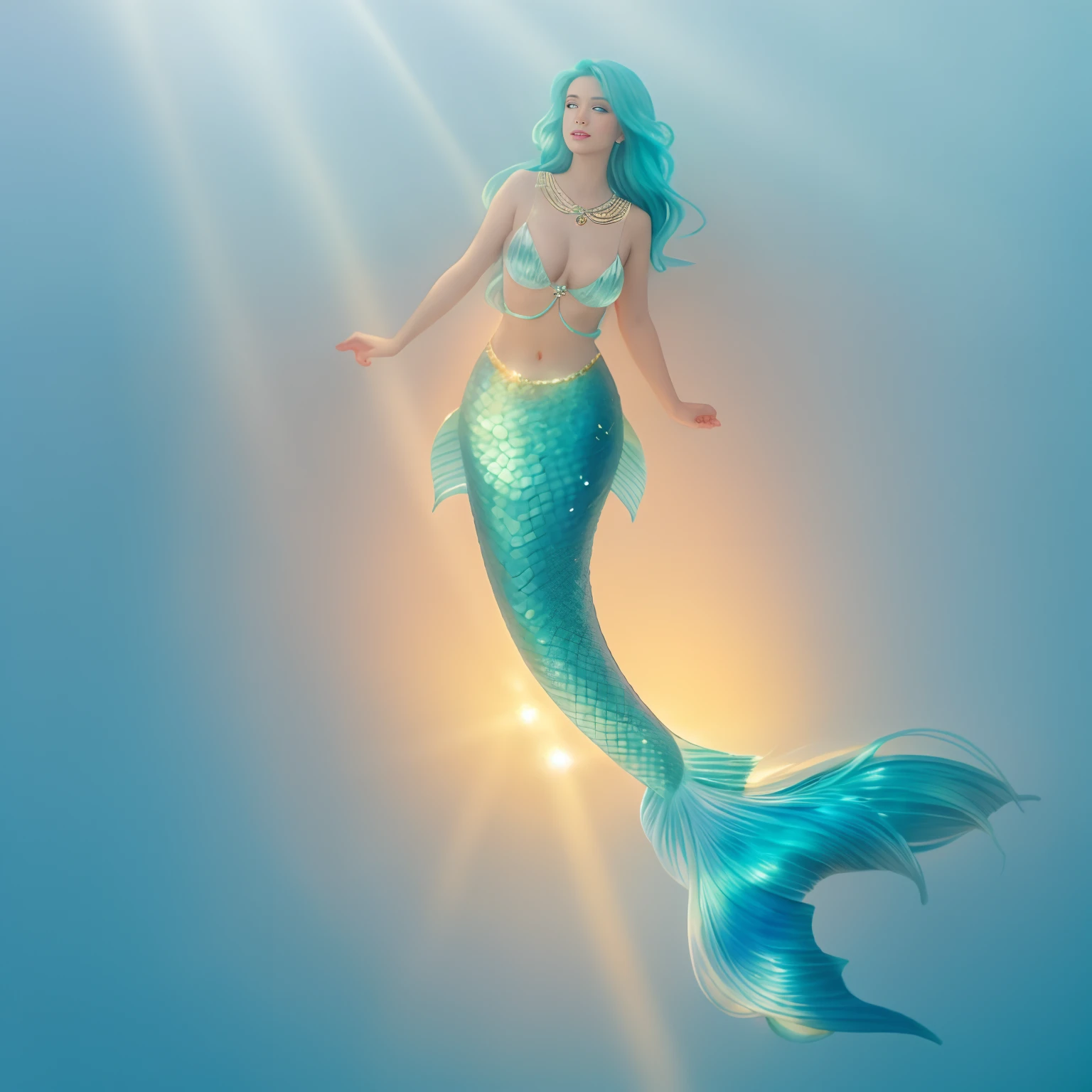 The background is in the sea where sunlight glitters,Mermaid with long hair and tail,Blue Mermaid,beautiful mermaid,Mermaid Body