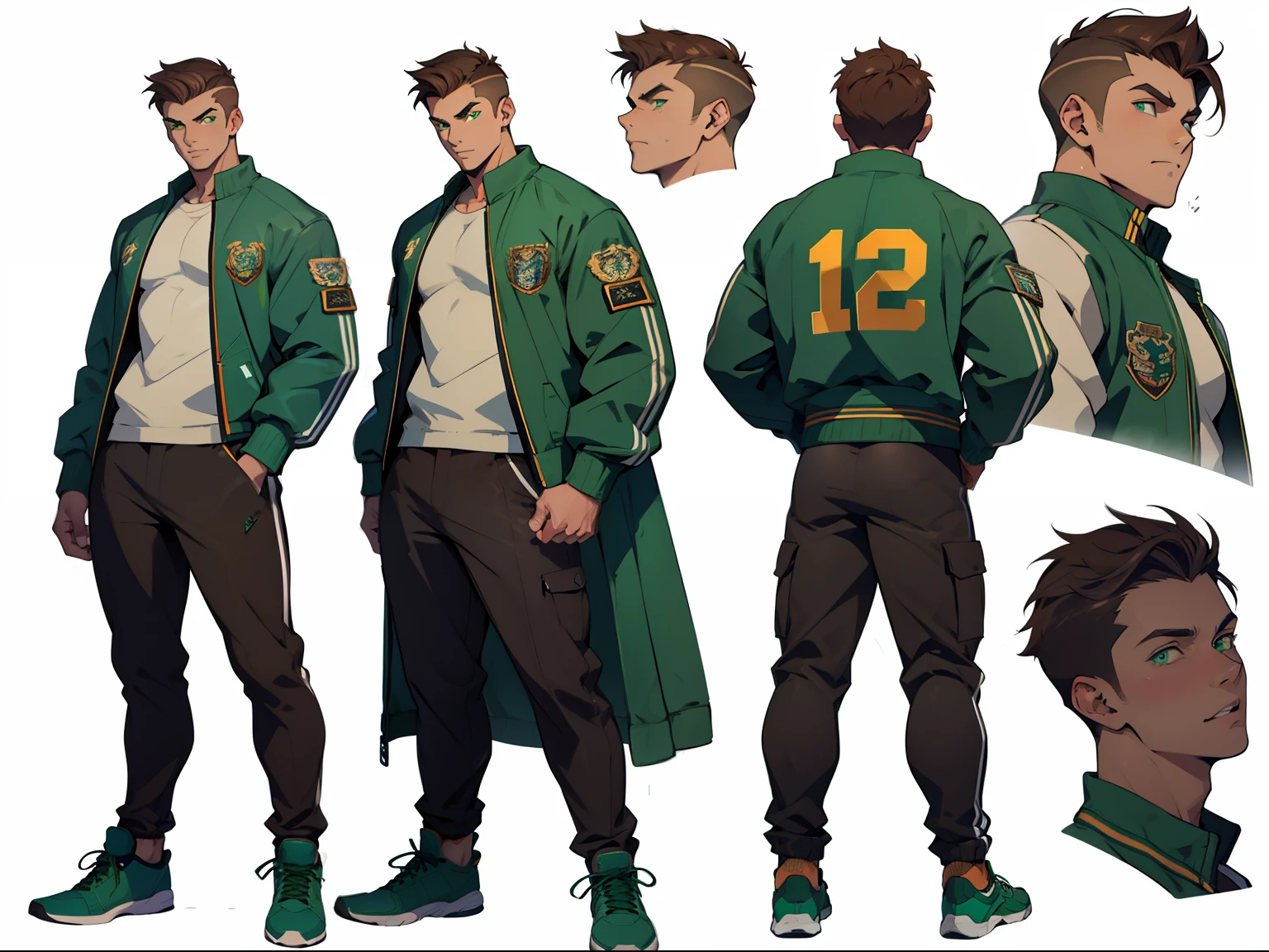 (character design sheet, same character, front, side, back), age man, male, persian, slightly muscular build, cute, ethereal, brown hair, glowing green eyes, Jock Letterman jacket outfit, beautiful