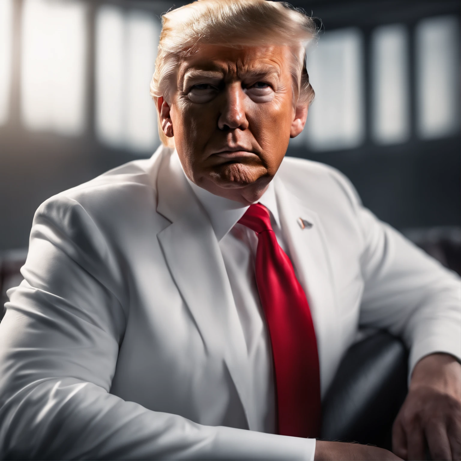 (best quality,highres:1.2),(realistic:1.37),portrait,Trump,gun,serious expression,confident gaze,detailed eyes,facial features,political figure,powerful stance,egocentric,strength,leader,middle-aged,male,white shirt,black suit,red tie,American flag background,studio lighting,vivid colors,sharp focus,ultra-fine painting,photorealistic, 3D rendering