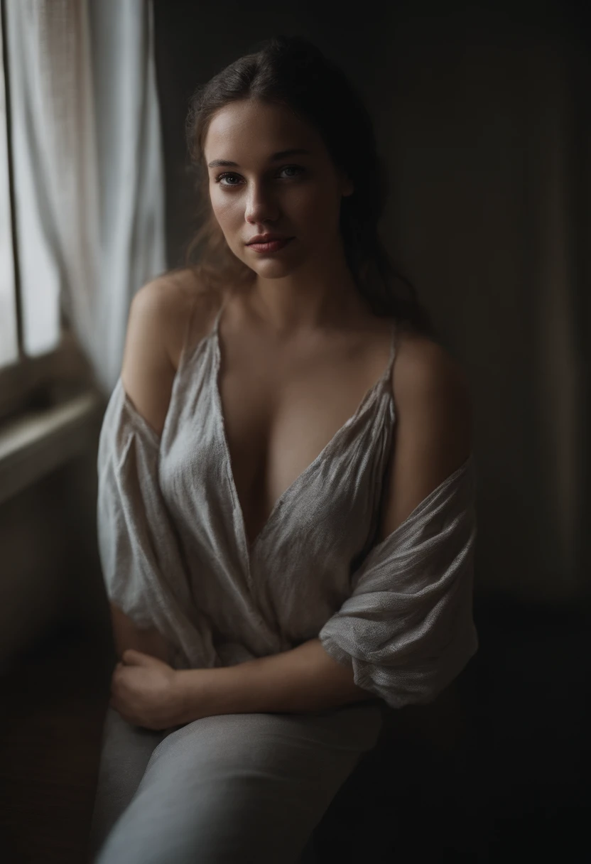 editorial photograph of a 18 year old woman), (highly detailed face:1.4) (smile:0.7) (background inside dark, moody, private study:1.3) POV, by lee jeffries, nikon d850, film stock photograph ,4 kodak portra 400 ,camera f1.6 lens ,rich colors ,hyper realistic ,lifelike texture, dramatic lighting , cinestill 800, jaw dropping beauty,nsfw big natural size breasts, young goddess no underwear,white linen gym shorts:1.3) full nude body,big fat pussy