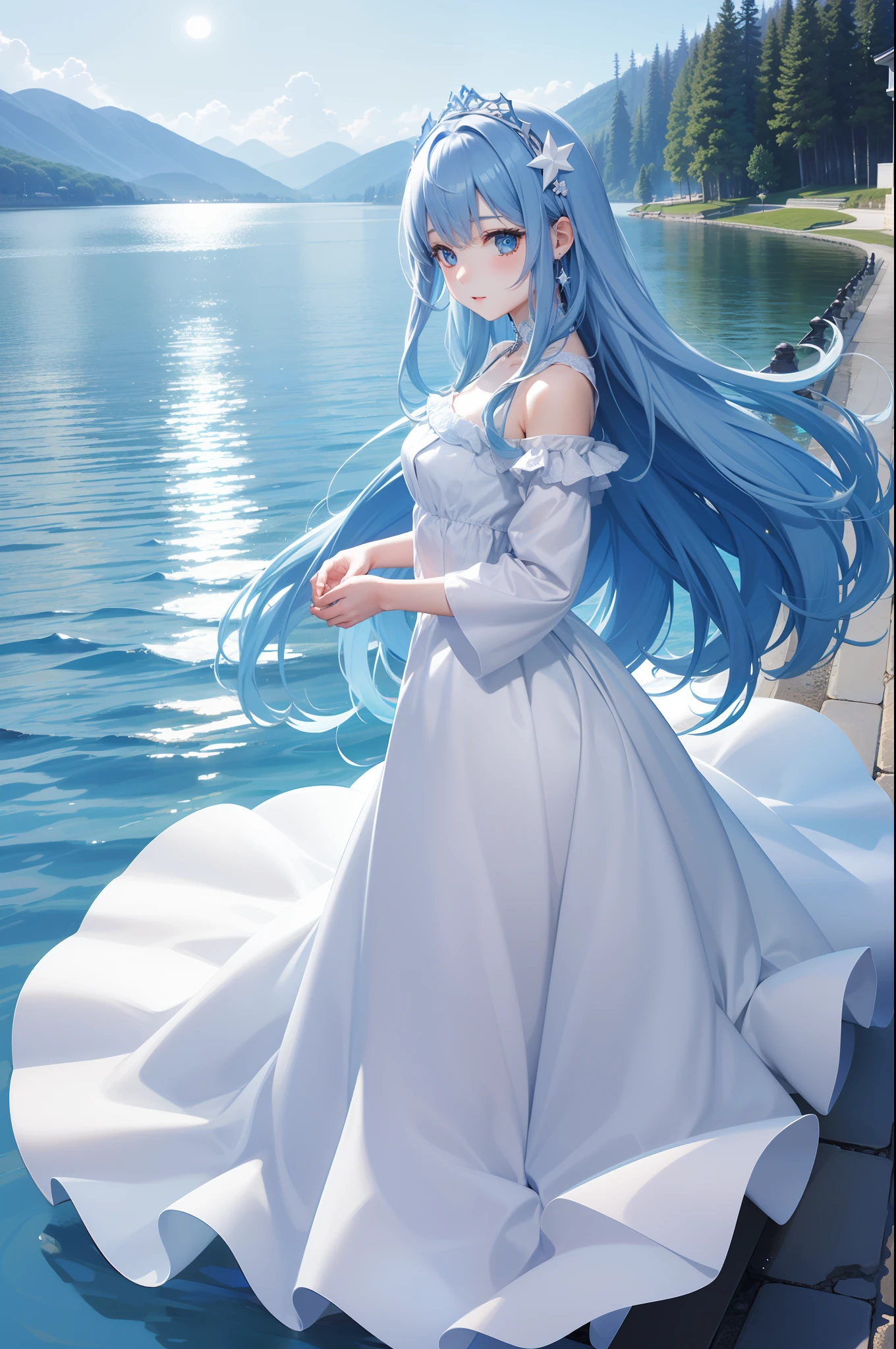 Pretty girl、4K、 masutepiece , sky blue hair , Amazing dresses in white and blue, Light blue eyes , Night , Starry sky, Lake water, Full body portrait , Face Highlights, Auto Adjust, Optimize image quality
