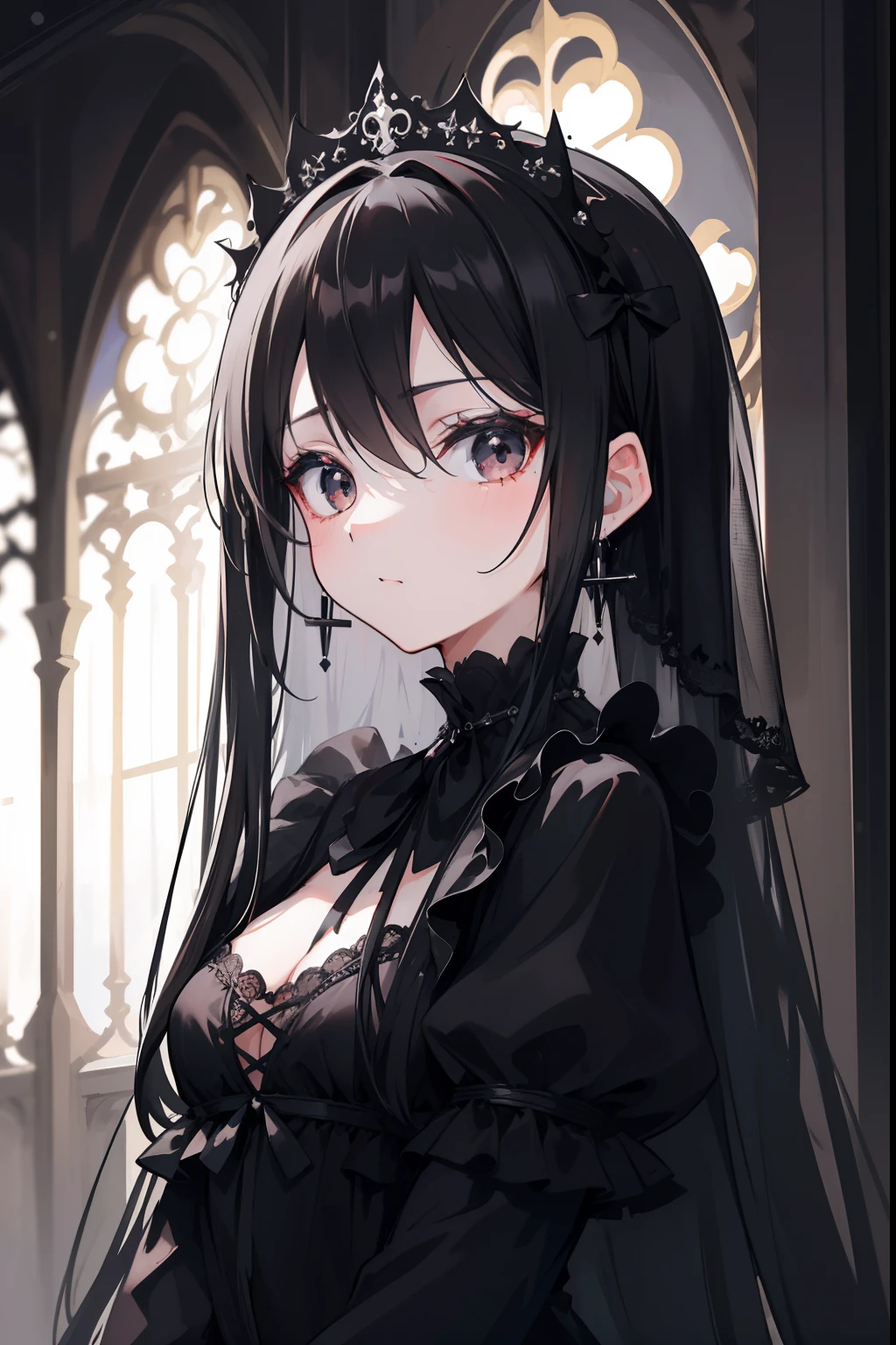 (masterpiece, best quality), 1girl with long black hair, wearing black dress, black veil, black eyes, black ribbon, gothic, small breast, warm lighting, blurry foreground, vignette, hairpin, absurdres, looking at viewer, gothic background, night, face closeup, hidden hands, cross earrings