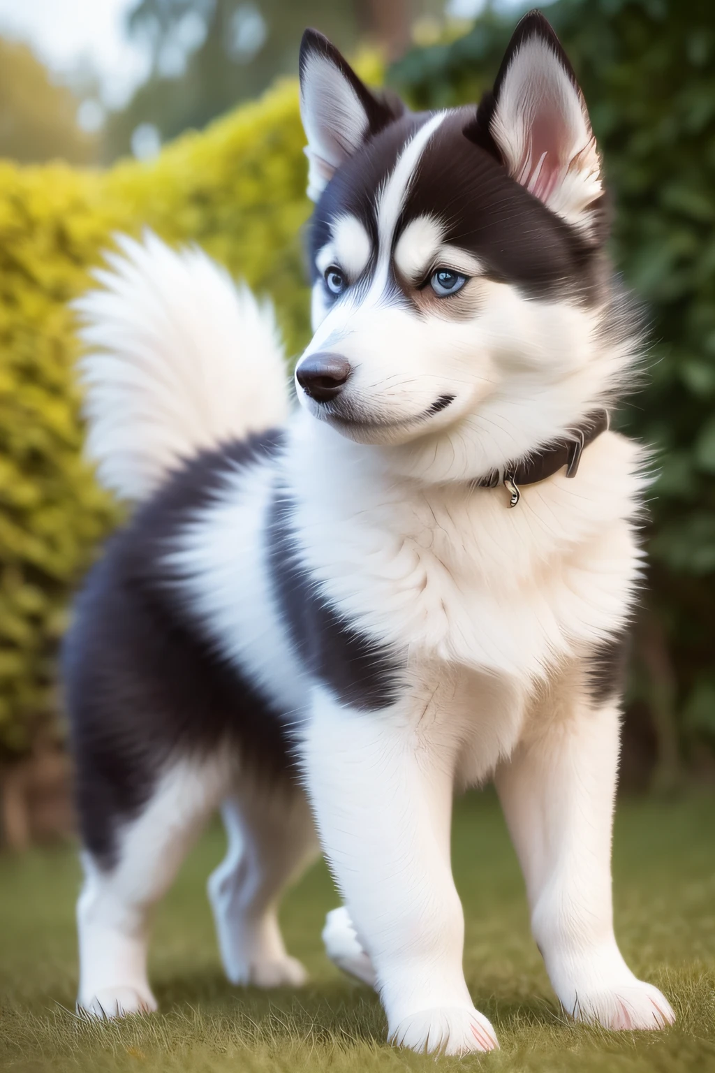 A beautiful siberian husky puppy is depicted on an oil canvas, cada pincelada cuidadosamente trazada revela su belleza y encanto. Su suave, Shiny coat blends into warm, Tonos vibrantes, like the gold of the sun that caresses his back and the dark brown that adorns his ears and eyes.. The puppy's gaze radiates joy and tenderness, reflejando la lealtad y el amor incondicional que nos dan nuestras mascotas. Meticulous details highlight his wet and playful nose, its small but strong legs, Listo para explorar el mundo con entusiasmo. In this oil painting, Se captura la esencia de la nobleza canina, Conveying the happiness and deep connection we share with our faithful companions. Prompts negativos